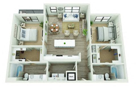 Floor plan for 2 beds, 2 baths, 1176 sqft